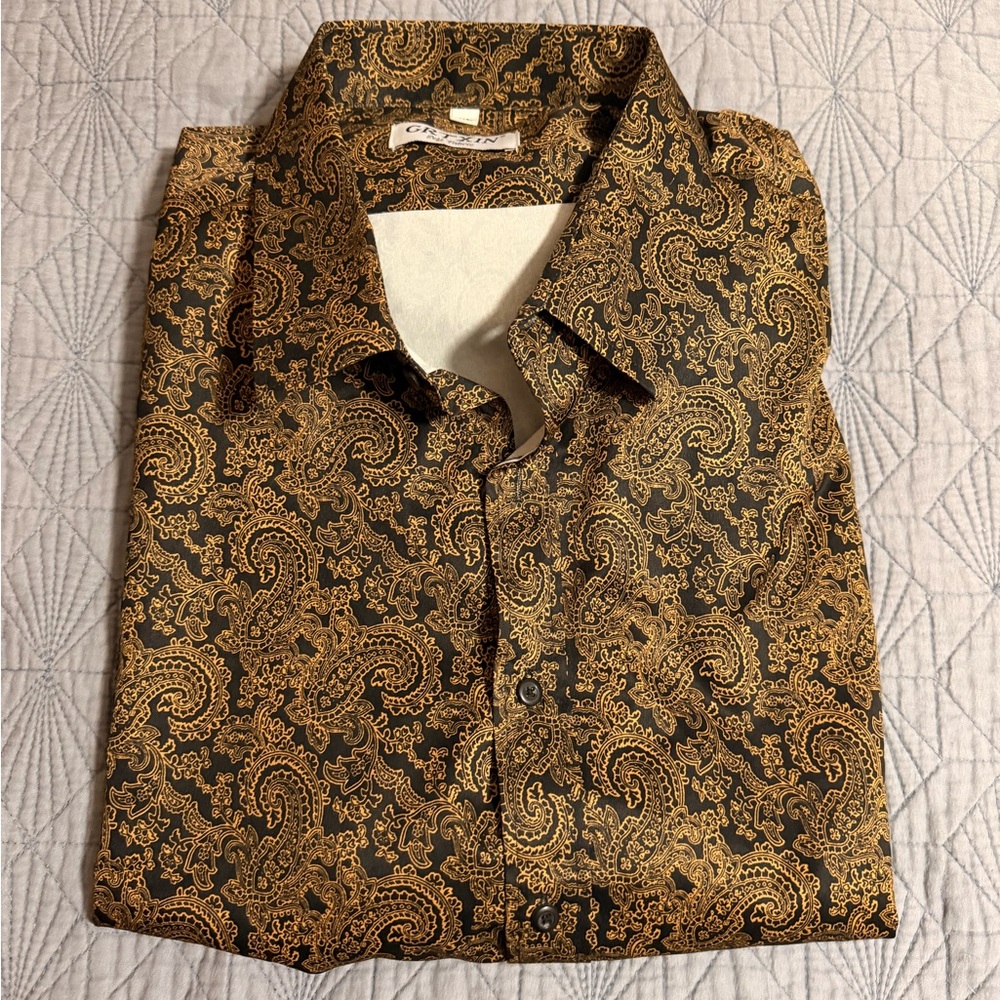 GRTXIN Soft Fabric Men’s Gold and Brown Paisley Button Down Shirt Sz XL